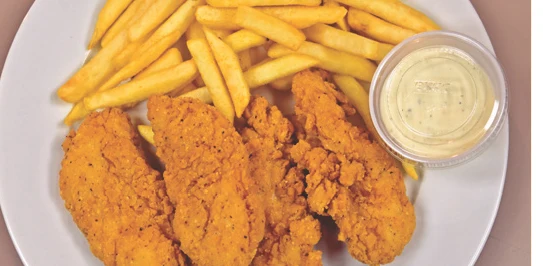 Chicken strips with fries and dipping sauce
